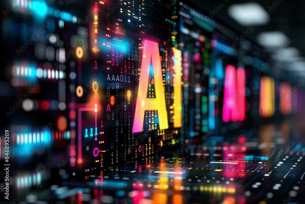Poster ai symbol with vibrant neon lights and intricate patterns in a futuristic urban night setting reflec