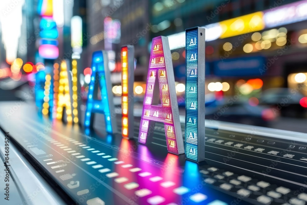 Poster ai symbol with vibrant neon lights and intricate patterns in a futuristic urban night setting reflec