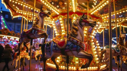 Obraz premium A merry-go-round with horses and people riding it