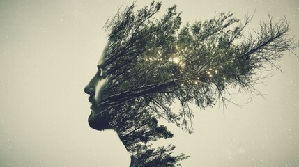 Abstract double exposure of a woman's profile with trees, symbolizing nature connection and mental growth.