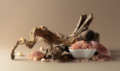 Pink himalayan salt with snags and seashells on a beige background.