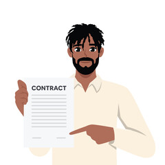 Young bearded businessman show place for signature on contract. Flat vector illustration isolated on white background