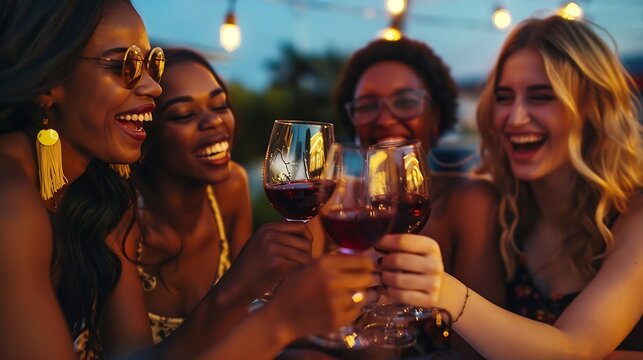 Vertical Group multiracial smiling female friends toasting glasses red wine and celebrating party outdoors Young funny women hugging cheers on rooftop Happy girls enjoying summer vacat : Generative AI