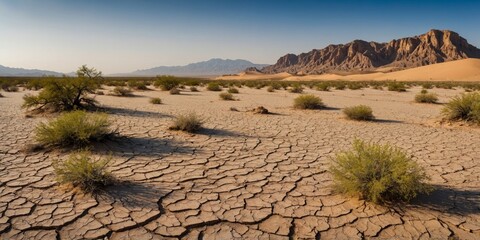 A serene desert landscape features cracked earth in the foreground with flourishing green shrubs and dramatic mountains in the distance