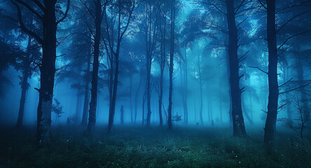 Obraz premium A forest at night with trees whose trunks can be seen and fog, all in a dark blue. Generative AI.