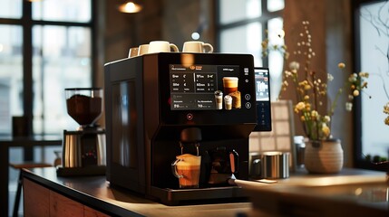 Coffee machine with touchscreen display on a table making coffee : Generative AI