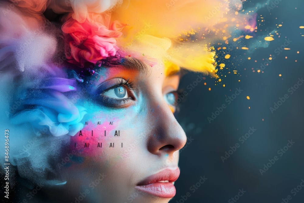 Poster futuristic ai face with vibrant colors and intricate patterns symbolizing advanced technology and di