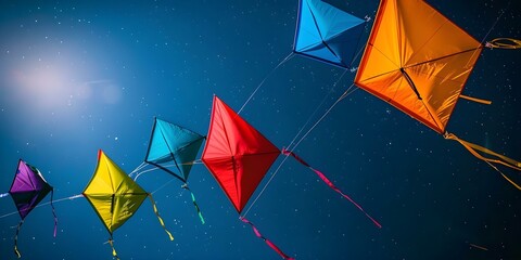Vibrant kites fly in the night sky featuring a mix of colors. Concept Night Photography, Vibrant Colors, Kite Festival, Sky View, Illuminated Kites