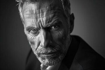 Fototapeta premium dramatic portrait of pensive middleaged businessman deep in thought furrowed brow serious expression lowkey lighting black and white fine art photography