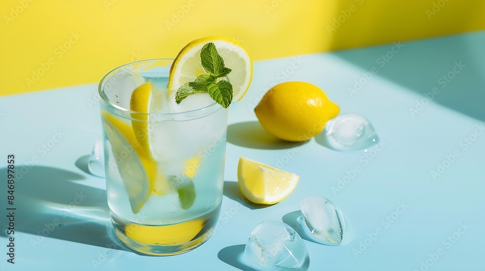 Aufkleber A  cold lemonade in a glass with lemon mint and ice on a yellow and blue background with shadow The concept of a refreshing and healthy drink : Generative AI