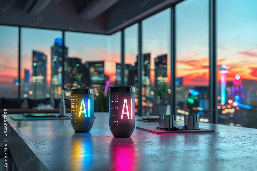Poster ai symbols with vibrant neon lights and intricate details in a high tech environment reflecting adva