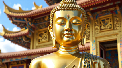 head of a golden buddha statue close-up against the background of Chinese buildings