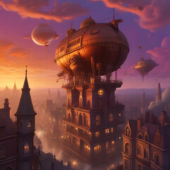 Stunning steampunk cityscape at sunset. The central focus is a large, intricately designed airship docked atop a multi-story building. The building features a blend of Victorian ar