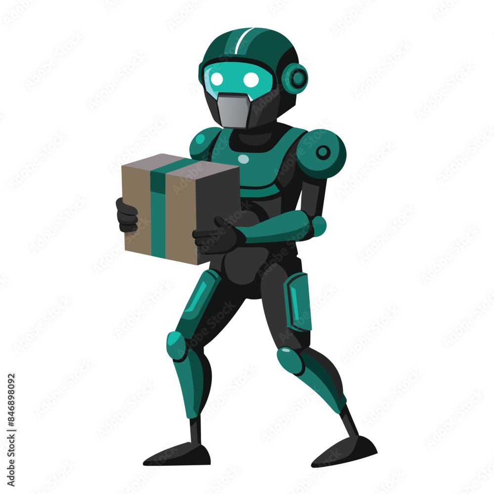 Poster a teal-colored robot in a warehouse setting carries a brown package. the robots arms are outstretche