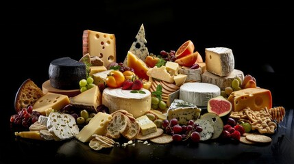 A large assortment of cheeses and fruits are displayed on a black table