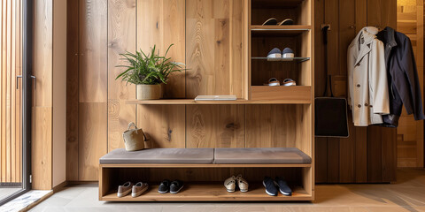 Stilvolles, modernes Interieur im Eingangsbereich aus Holz mit gemütlichem Holzton, zeitgenössisches Zuhause, Garderobe im Flur