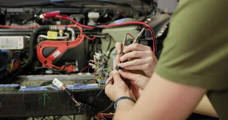 Service man hands working with cables of auto. Close-up of a mechanic using a multimeter to test car wiring in an auto repair shop. Mechanic Using Multimeter On Car Wiring In Auto Repair Shop