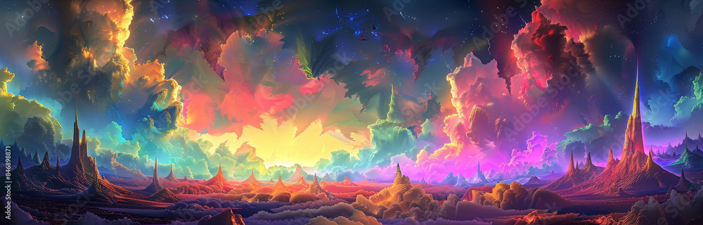 Canvas Prints Surreal and imaginative landscape with vibrant,colorful clouds and ethereal,futuristic towers set in a dream-like,fantasy-inspired environment. This digital artwork evokes a sense of wonder,mystery.