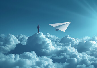 Businessman Balancing on Paper Plane Soaring Above Clouds, Concept of Ambition and Success, Minimalist Business Illustration, Daytime, Inspirational Theme