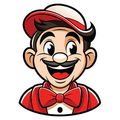 A cartoon mascot character with a red hat and bowtie smiles cheerfully, his eyes wide with happiness. Generative AI