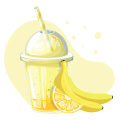 Summer cold milkshake with lemon and banana flavor in a plastic cup with a lid and a cocktail straw. Vector illustration. Premium vector. Vegetarianism. Healthy eating