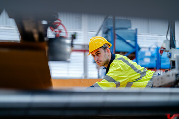 technician engineers checking the process on Heavy machine. mechanical engineering team production. Industry manufacturing. Worker holding tablet and folde. High technology production.
