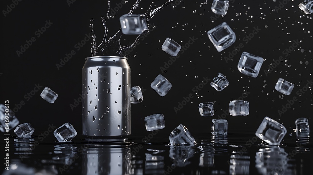 Aufkleber empty aluminium can mockup with flying ice cubes and splash isolated on black background : generativ