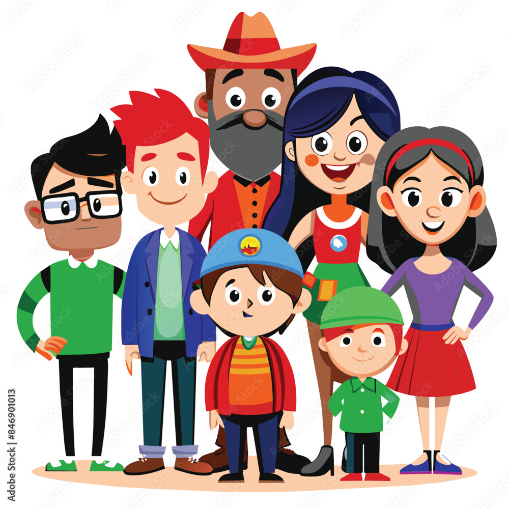 Poster a group of diverse cartoon characters stand together against a white background. the characters are 