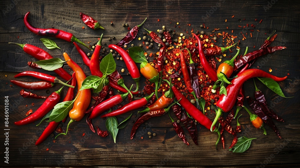 Poster a variety of fresh and dried chili peppers are artfully arranged on a rustic wooden surface, showcas