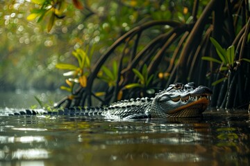 Serene capture of an alligator waiting patiently amidst the mangroves