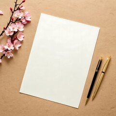 Thanks card, birthday card, Greeting card, invitation card Concept template. Empty white paper with sakura flower beside the paper