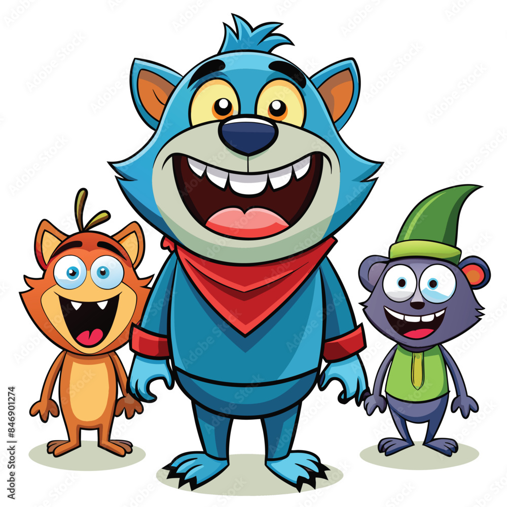 Poster this image features three cartoon mascot characters with exaggerated features, large eyes, and wide 