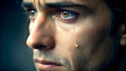Naklejka premium Close-Up Portrait of Man with Tear, Expressing Deep Emotions