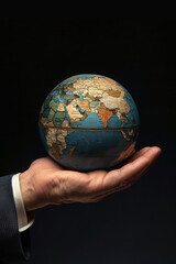 Businessman's hand holding a globe, signifying global business opportunities, international trade,...