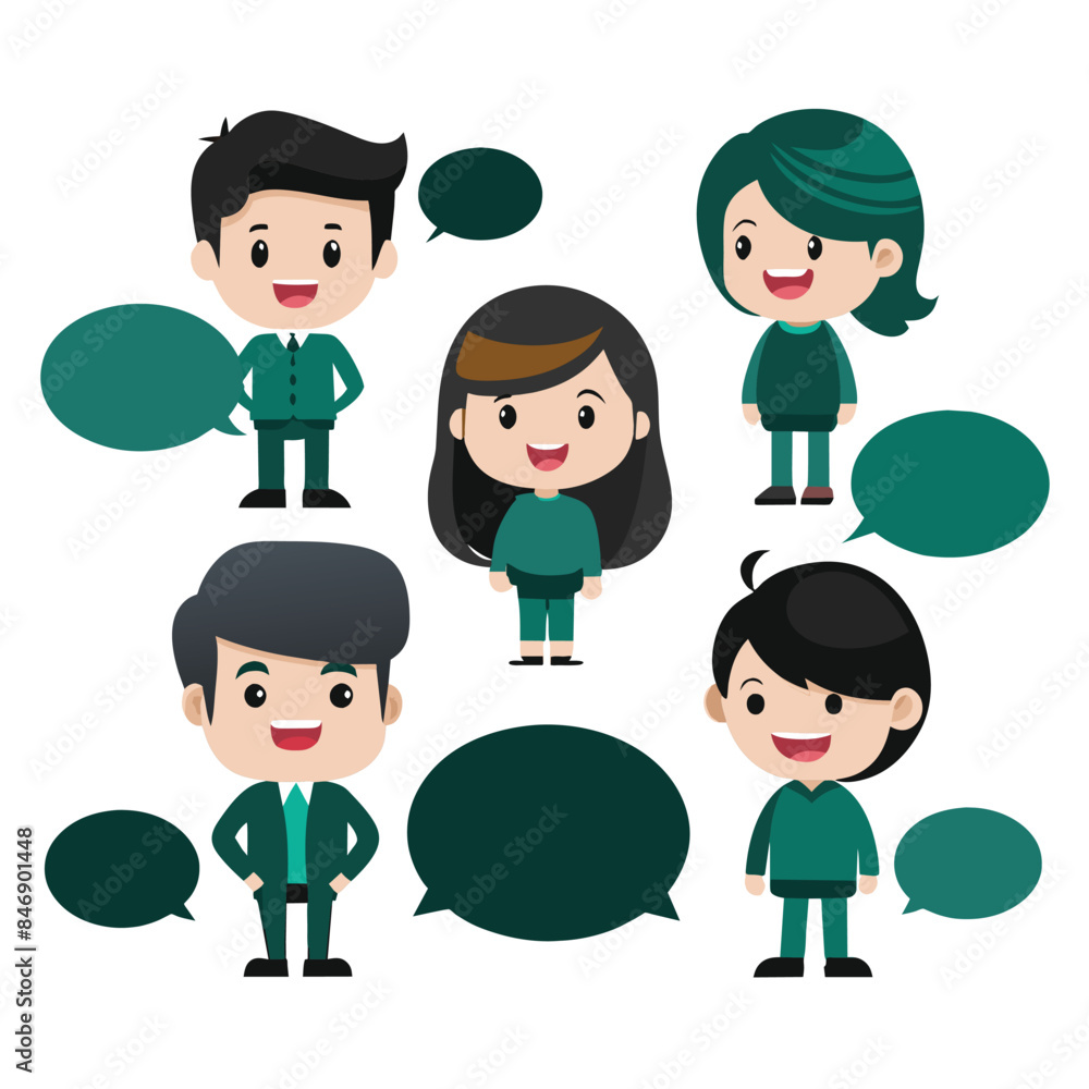 Aufkleber a group of five cartoon people are standing in a circle, each with an empty speech bubble above thei