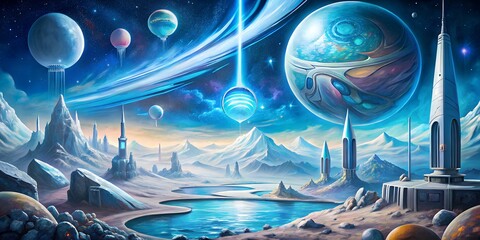 Art space illusion blue background of planets and spaceships generated by AI 