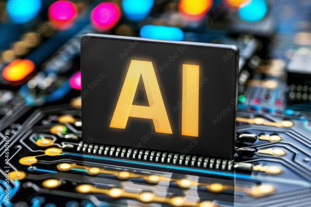 Aufkleber ai chip with vibrant neon lights and intricate patterns symbolizing advanced technology and innovati