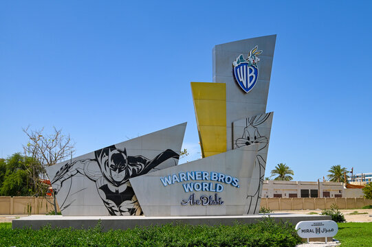 ABU DHABI - MAR 29: logotype of Warner Bros in front of entrance to the WB World theme park in Abu Dhabi on March 29. 2024 in United Arab Emirates..