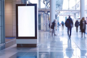 empty advertising banner signboard at hospital entrance blurred motion of passing people healthcare marketing concept