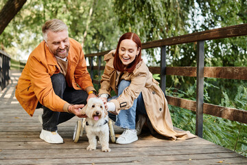 A man and woman in casual attire enjoy petting a dog on a bridge in a park.