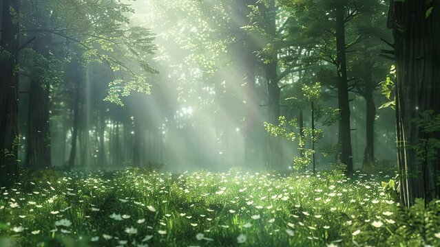 Beautiful nature background. Lush green mossy forest with old tree background. Summer sunny forest. Sunlight in the Forrest. 