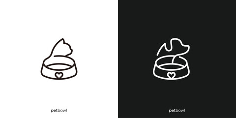 Pet Food Logo Design. Bowl and Cat, Dog with Line Art Outline Style. Pet Shop Logo, Icon, Symbol, Vector, Design Template.