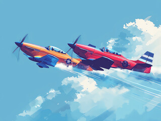 Two vintage propeller planes are flying side by side in a blue sky with white clouds. The planes are red and yellow, and both have white stars on their wings. Generativei ai.