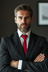 Portrait of a confident and successful businessman dressed in a classic black suit, white shirt, and red tie, projecting an image of professionalism, authority, and corporate style
