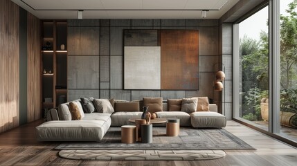 An elegantly designed living room featuring an intricate wooden wall art that creates a stunning visual focus.
