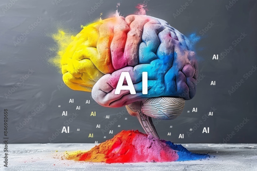 Poster ai humanoid with vibrant colors and digital patterns symbolizing advanced technology and innovation 
