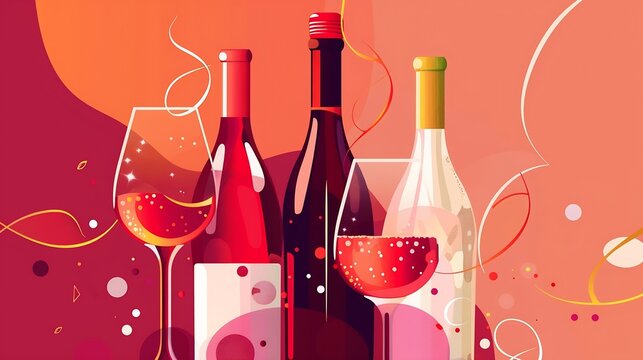 Wine abstract minimal flat design Glass of red and white sparkling wine champagne Wine bottles Restaurant menu invitation for an event festival party Wine tasting concept in red pink o : Generative AI