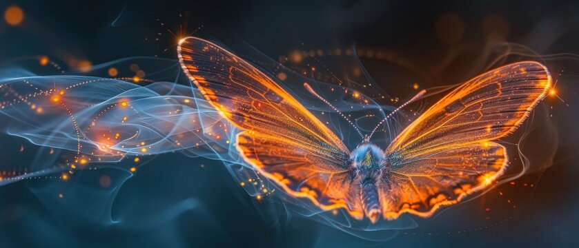 The gentle flutter of a butterfly, its wings traced with delicate curves of glowing light.