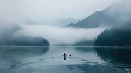 Fototapeta premium A solitary rower navigating a misty lake, the water reflecting the ethereal fog and the silhouette of distant mountains. Isolated on a clean background