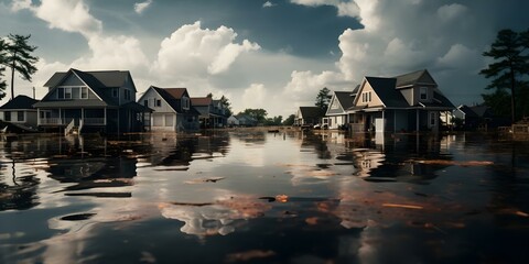 Aftermath of Hurricane Ian in Florida Flooded Homes in Residential Areas Showcase Disaster Impact. Concept Hurricane Ian aftermath, flooded homes, disaster impact, residential areas showcase